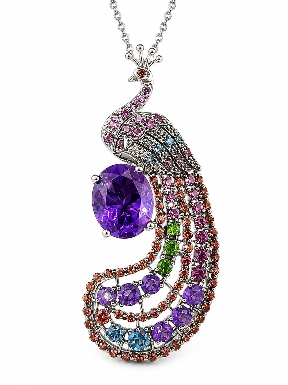 925 Sterling Crystal Peacock Pendant Necklace 2” Signed DK Bird Rhinestones